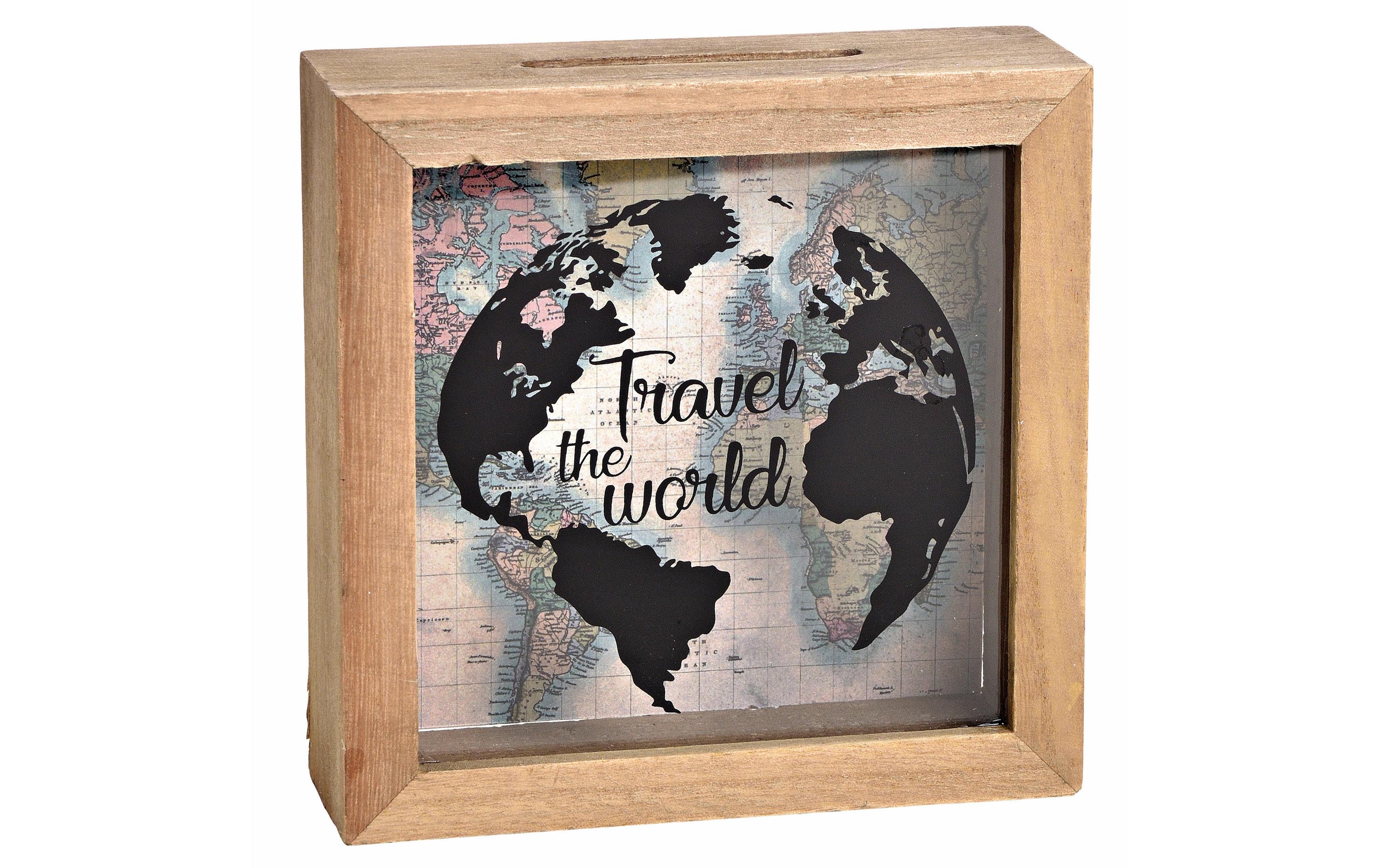 Spardose travel the world aus Holz/Glas