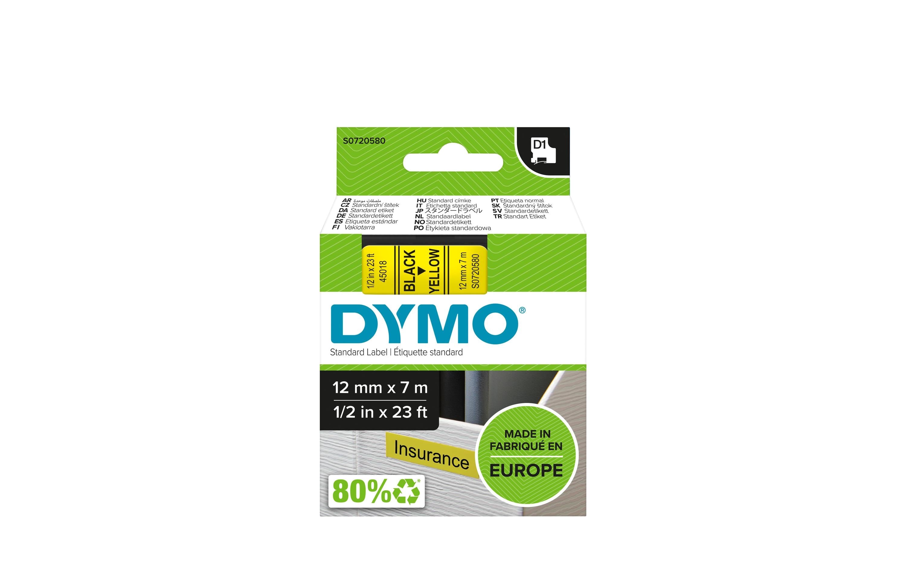 Dymo Schriftband D1, 12mm x 7m, Band: gelb