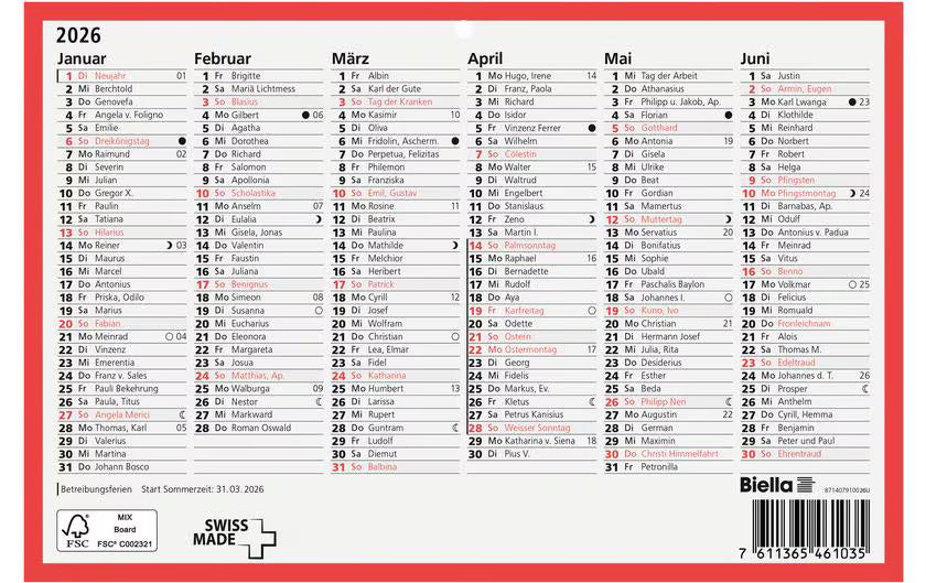 Biella Wandkalender 2026 A5