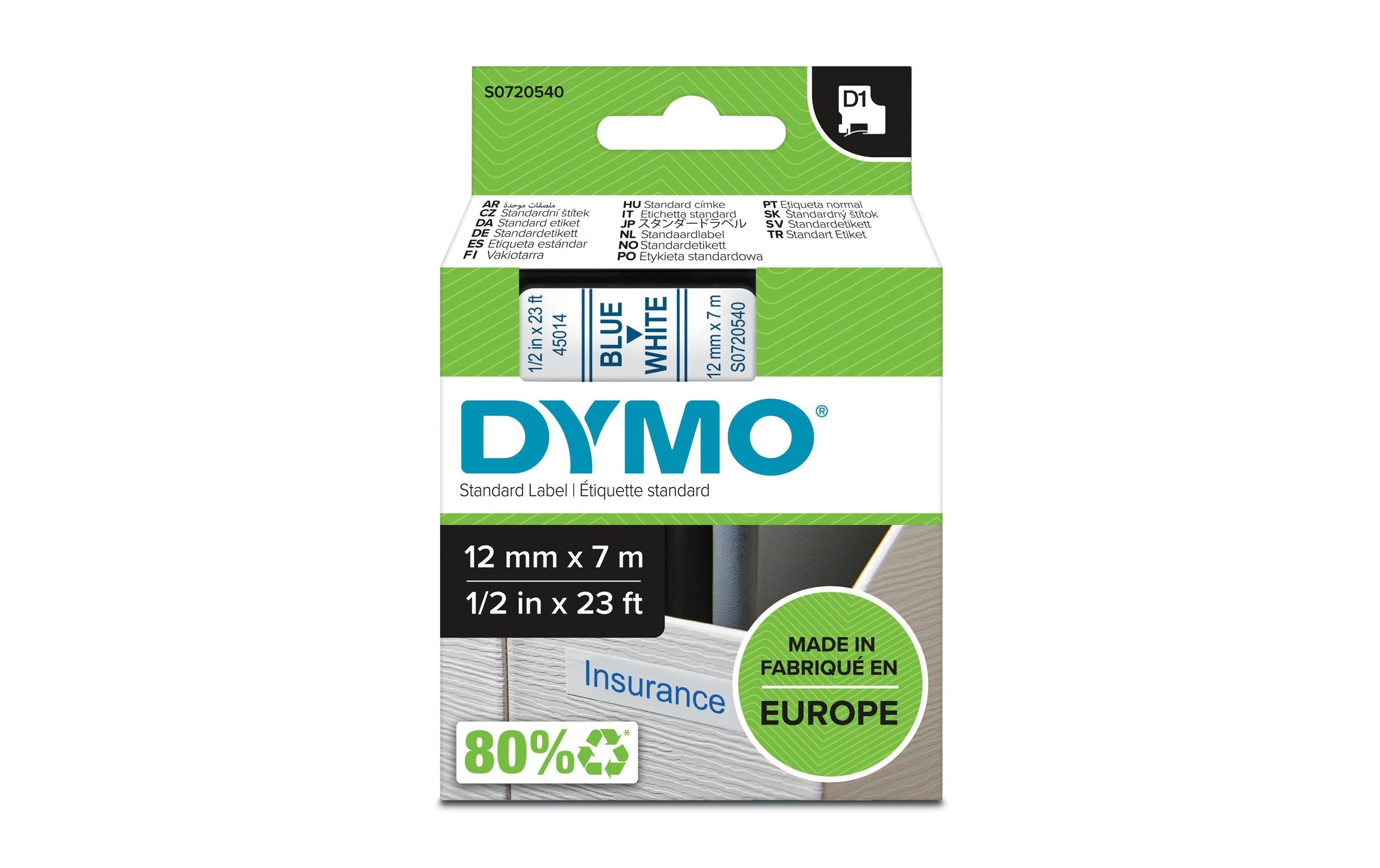 Dymo Schriftband D1, 12mm x 7m, Band: blau