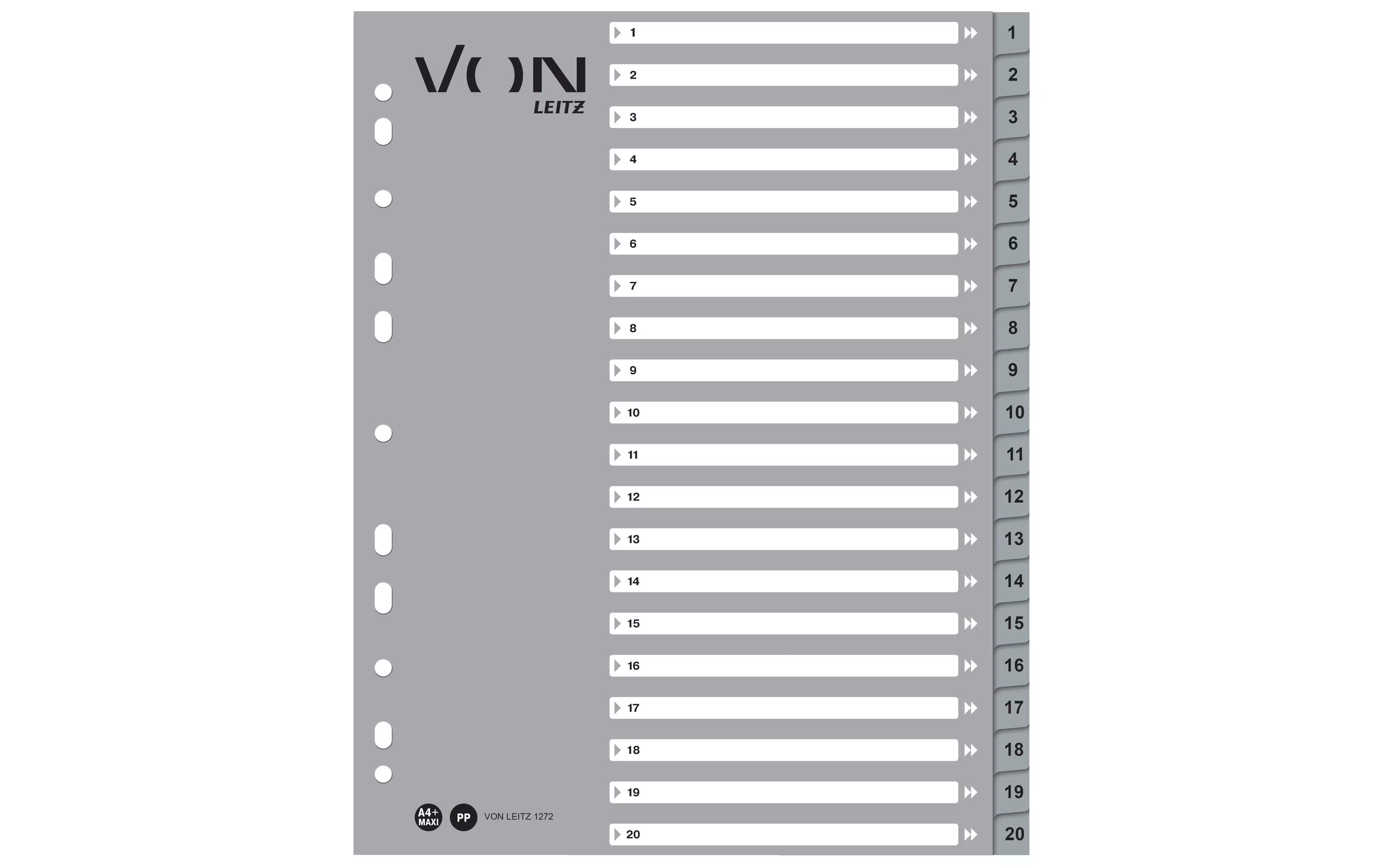 VON Register Zahlen 1-20, A4 Überbreite, PP