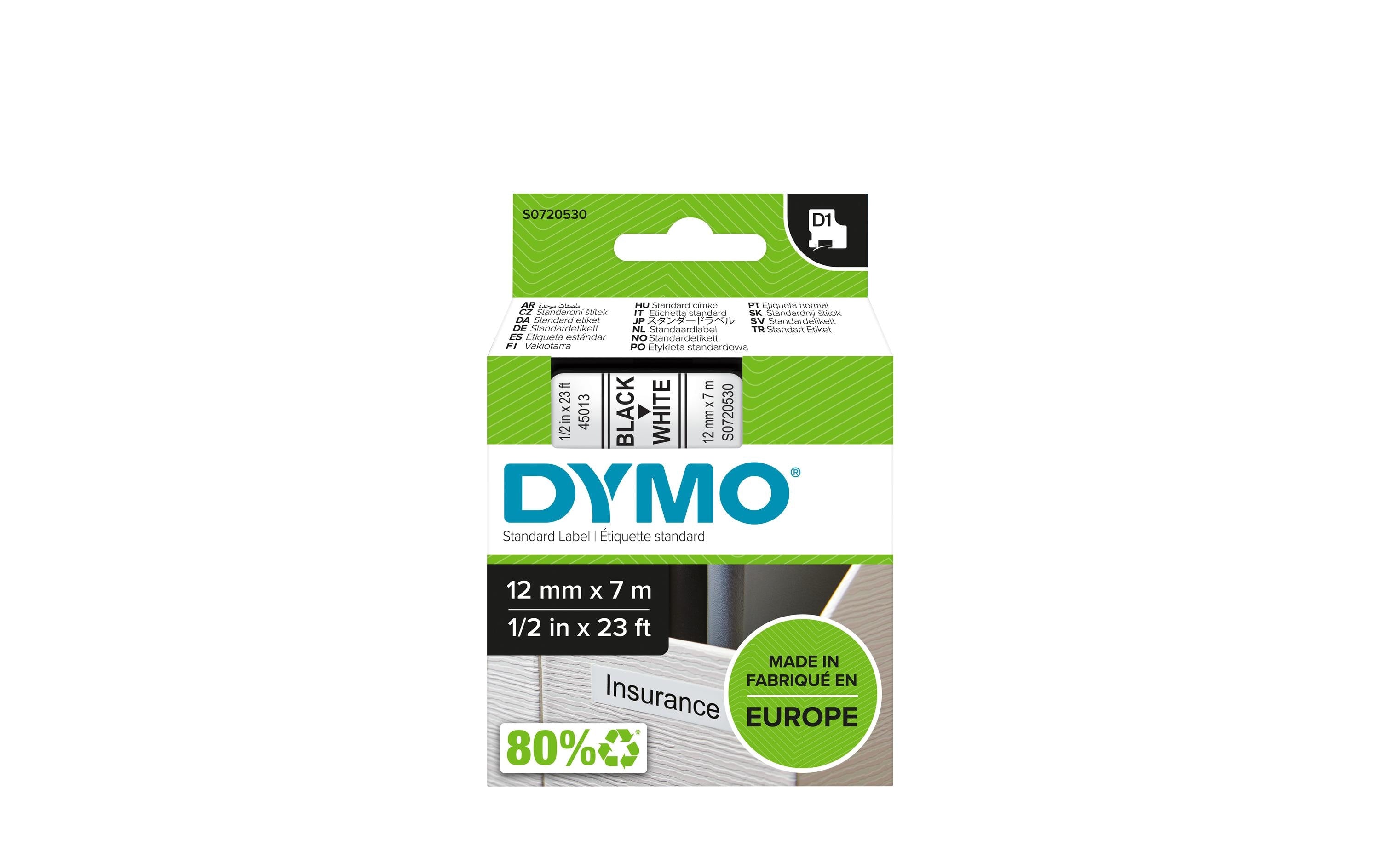 Dymo Schriftband D1, 12mm x 7m, Band: weiss