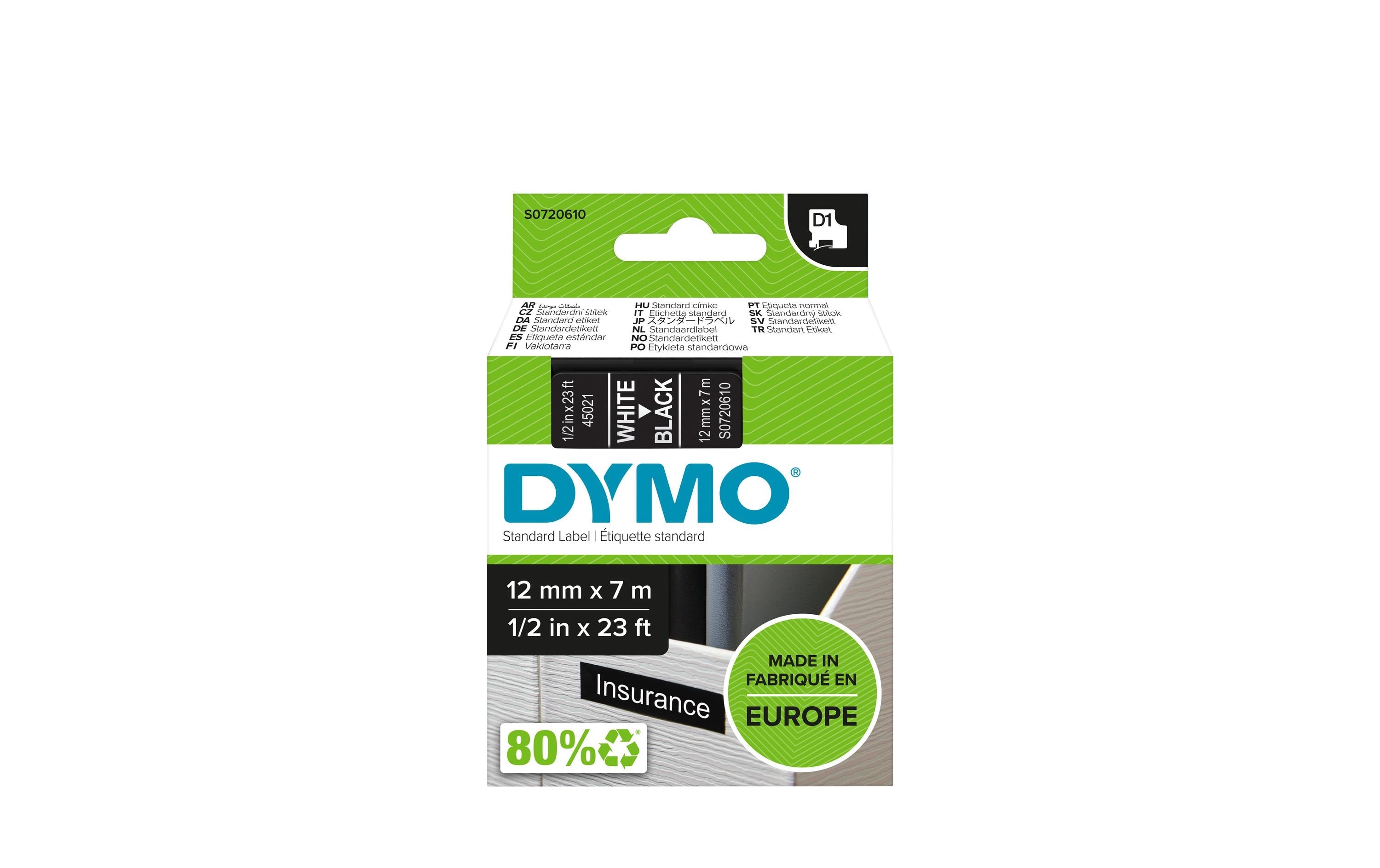 Dymo Schriftband D1, 12mm x 7m, Band: schw.