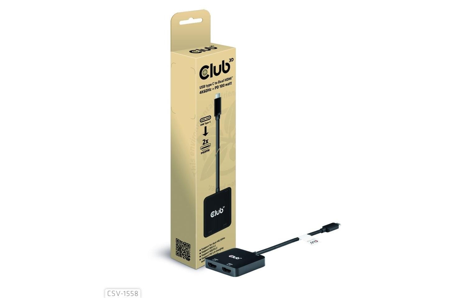 Club 3D,USB Typ-C Hub auf Dual HDMI und PD