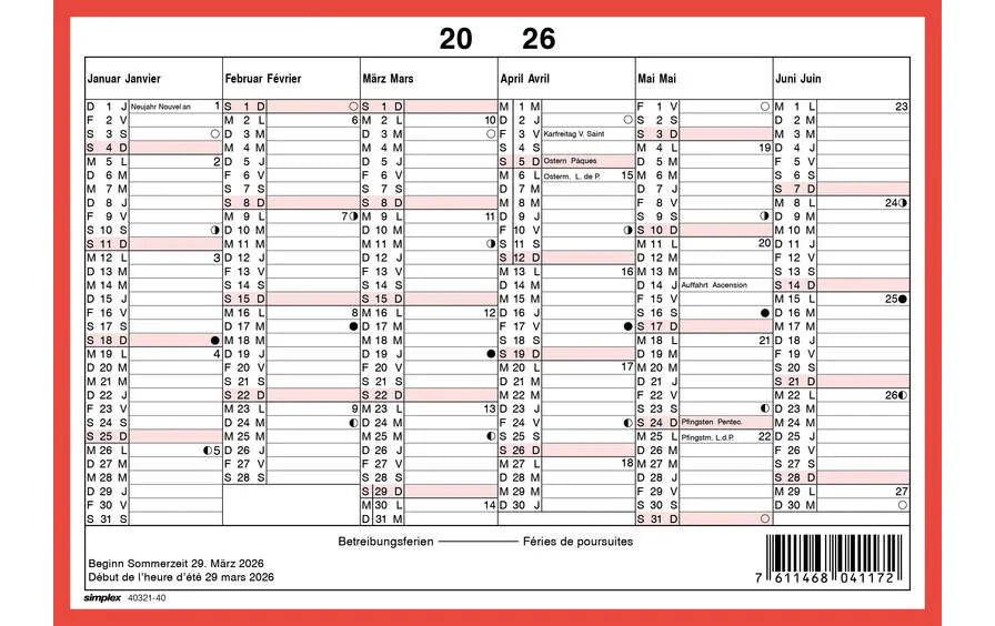 Simplex Wandkalender 2026 ohne Namenstage